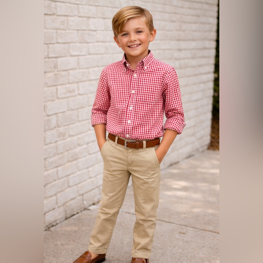 BODEN 8/9 Red Gingham Kids boys with side color detail cotton button up Shirt